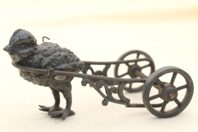 antique cast metal figural inkwell or egg holder, baby chick w/ cart