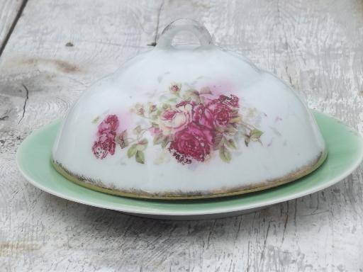 antique china butter dome covers w/ roses on green porcelain plates 