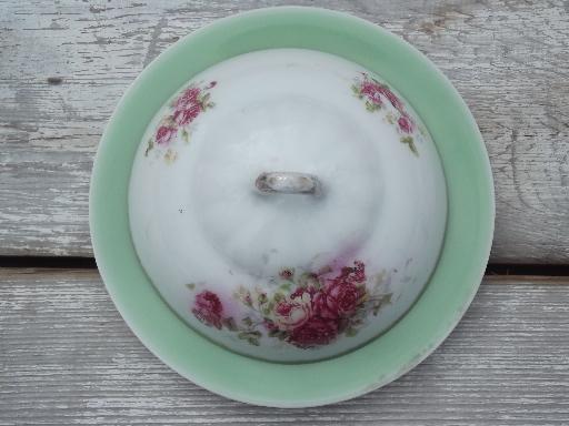 antique china butter dome covers w/ roses on green porcelain plates 