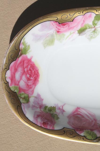 antique china celery dish w/ painted roses & gold, long oval bowl for desk tray or vanity table