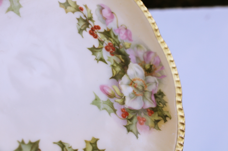 antique china plate w/ Christmas rose  holly, turn of the century vintage Prussia backstamp