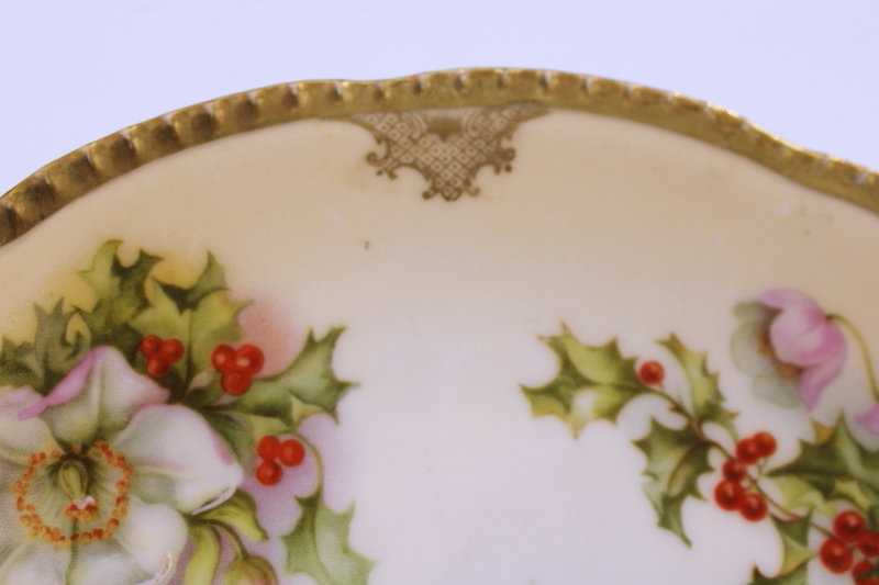 antique china plate w/ Christmas rose  holly, turn of the century vintage Prussia backstamp