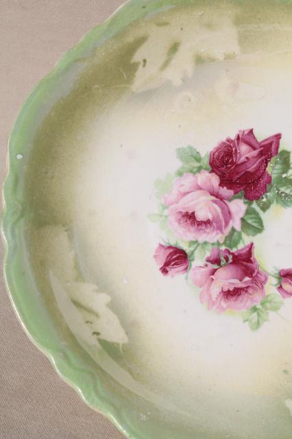antique china plates, green & pink roses painted dishes, vintage shabby cottage chic