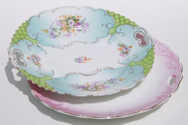 antique china serving plates w/ tray handles, early 1900s vintage porcelain dishes