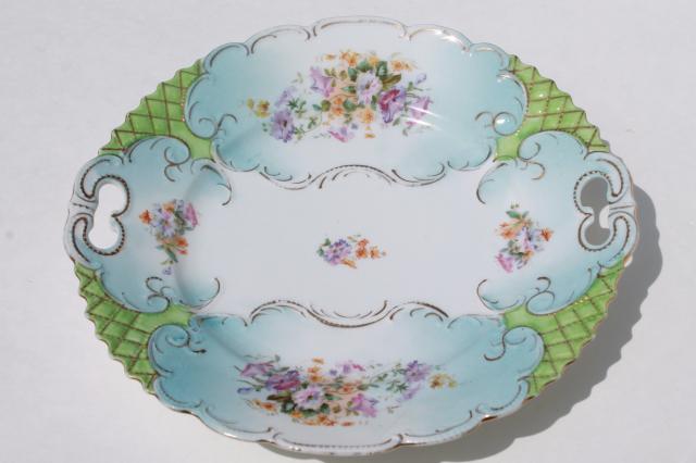 antique china serving plates w/ tray handles, early 1900s vintage porcelain dishes