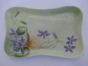 antique china vanity or dresser pin tray, hand-painted violets, dated 1909