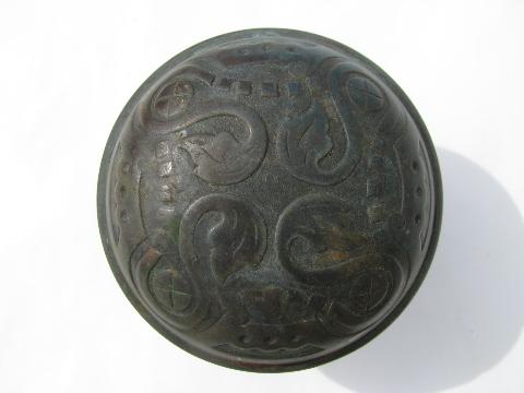 antique copper/bronze Arts&Crafts/Viking Revival door knob & escutcheon plates