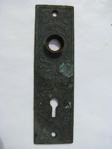 antique copper/bronze Arts&Crafts/Viking Revival door knob & escutcheon plates