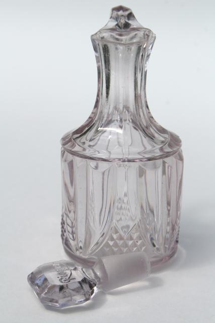 antique cruet bottles, sun purple / cranberry stain EAPG pressed pattern glass cruets