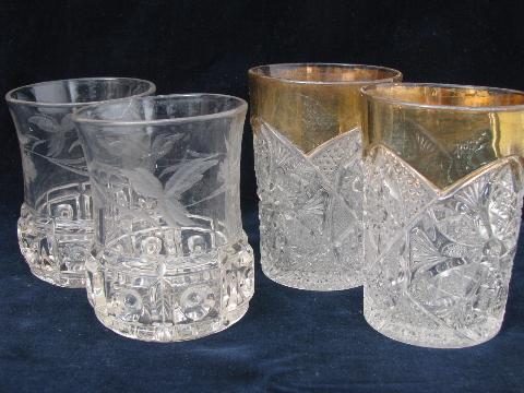 antique cut star & block pressed glass tumblers, two different old patterns