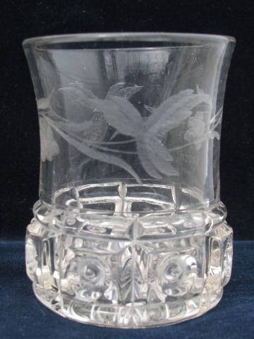 antique cut star & block pressed glass tumblers, two different old patterns