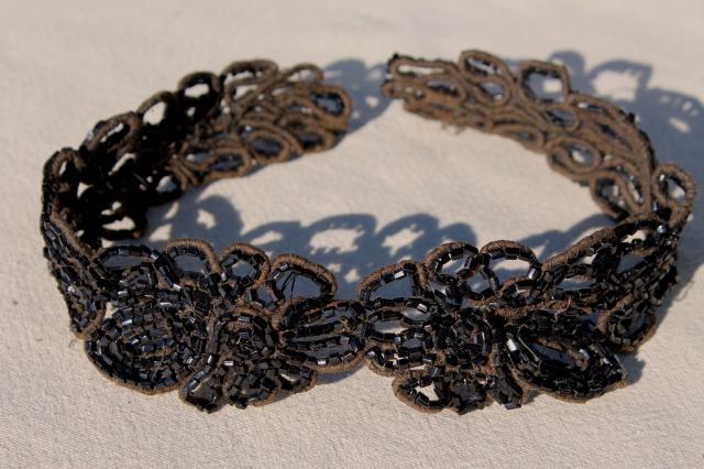 antique dress trim, Victorian vintage jet black glass beaded embroidery appliques
