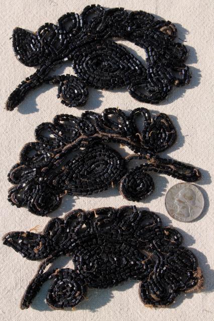 antique dress trim, Victorian vintage jet black glass beaded embroidery appliques