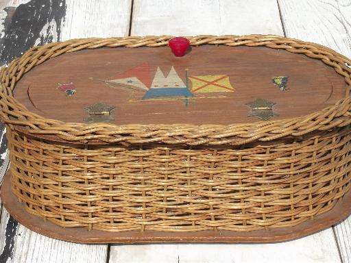 antique early 1900s plank bottom sewing basket, adirondack camp style