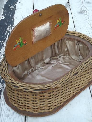 antique early 1900s plank bottom sewing basket, adirondack camp style