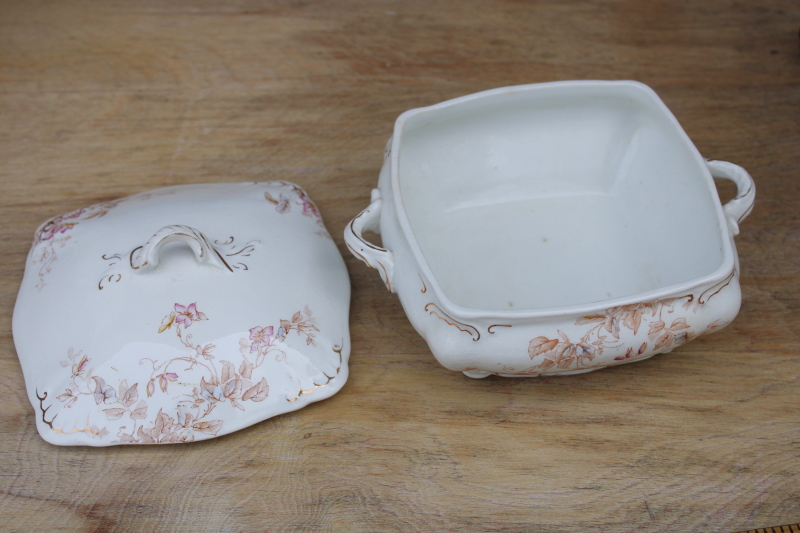 antique early 1900s vintage Ridgways England ironstone china, small square covered dish