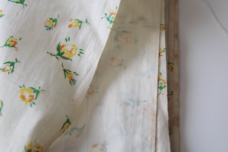 antique early 1900s vintage fabric, cotton lawn w/ yellow roses rosebud print on white