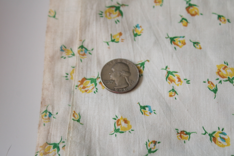 antique early 1900s vintage fabric, cotton lawn w/ yellow roses rosebud print on white