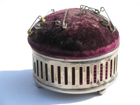 antique early 1900s vintage sewing pincushion box w/ silver holder