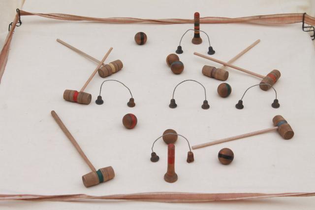 antique early 1900s vintage table game, tabletop croquet set w/ tiny wood balls & mallets