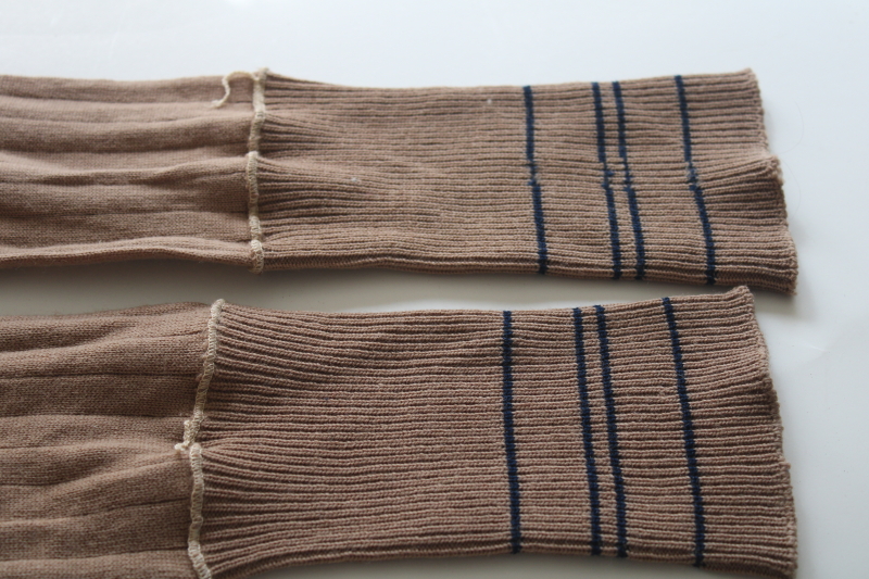 antique early 1900s vintage wool socks, tall long stockings tan w/ blue, rustic primitive holiday decor