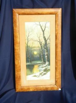 antique early century print w/grain painted frame, winter moonrise 1909
