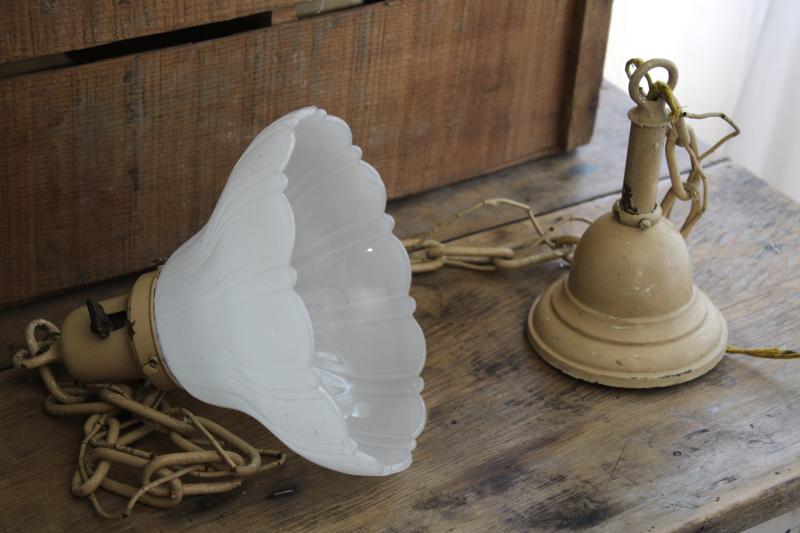 antique early electric pendant chain light fixture w/ white opalescent milk glass shade