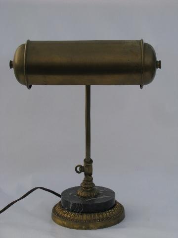 antique early electric vintage banker's desk light, old black marble lamp base