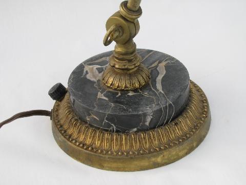 antique early electric vintage banker's desk light, old black marble lamp base