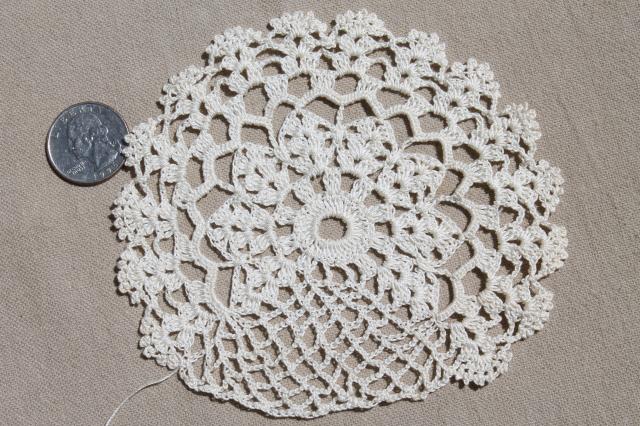antique ecru cotton crochet lace doilies, large lot vintage crocheted star flower motifs