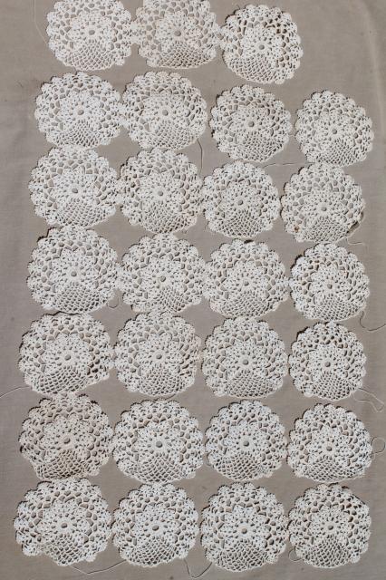 antique ecru cotton crochet lace doilies, large lot vintage crocheted star flower motifs