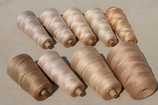 antique ecru tan faded brown colors primitive grubby old spools of vintage cotton cord thread