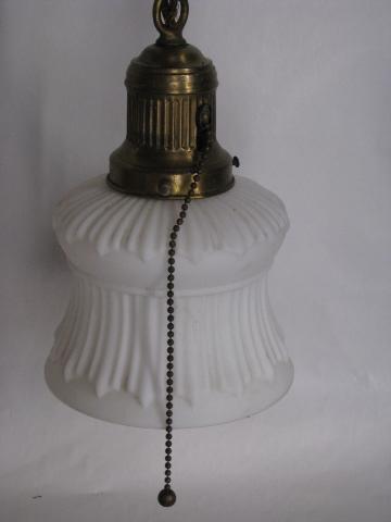 antique electric embossed ornate brass pendant light, old satin glass lamp shade