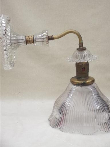 antique electric light, wall sconce lamp w/ prismatic ribbed glass shade