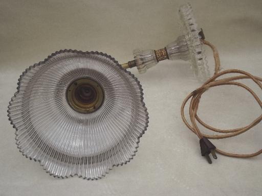 antique electric light, wall sconce lamp w/ prismatic ribbed glass shade
