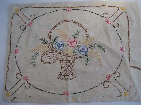 antique embroidered throw pillow cover w/ flower basket, vintage linen