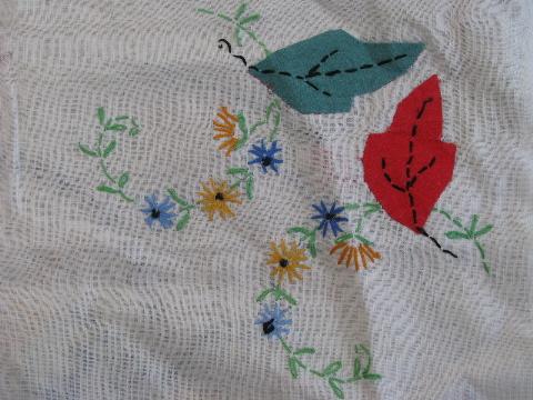 antique embroidered throw pillow cover w/ flower basket, vintage linen