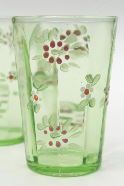 antique enameled glass tumblers, hand painted vintage green depression glass drinking glasses
