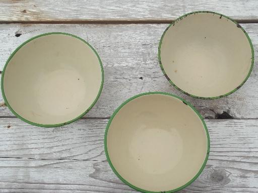 antique enamelware kitchen bowls, vintage cream & jadite green enamel