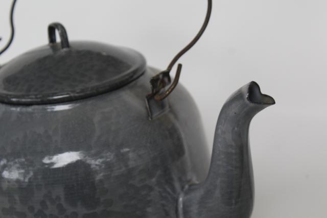 antique enamelware teakettle, big one gallon kettle vintage grey graniteware