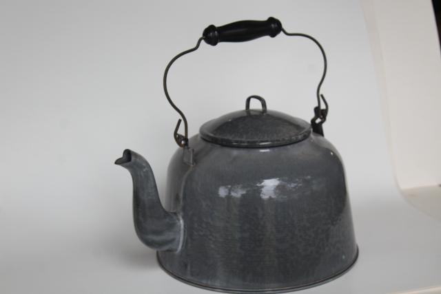 antique enamelware teakettle, big one gallon kettle vintage grey graniteware
