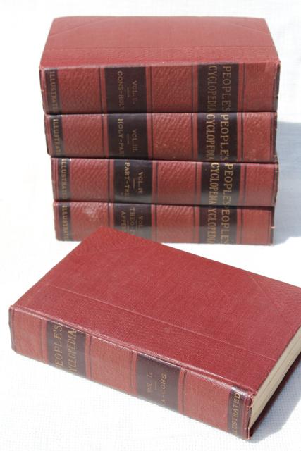 antique encyclopedia books 5 volume library w/ vintage engravings, photos, color plates, dated 1914