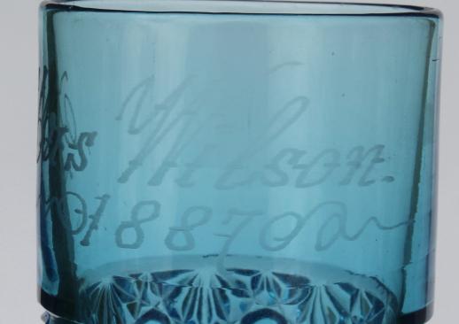 antique etched glass tumbler, 1880s honeymoon souvenir glass engraved Mrs. Wilson