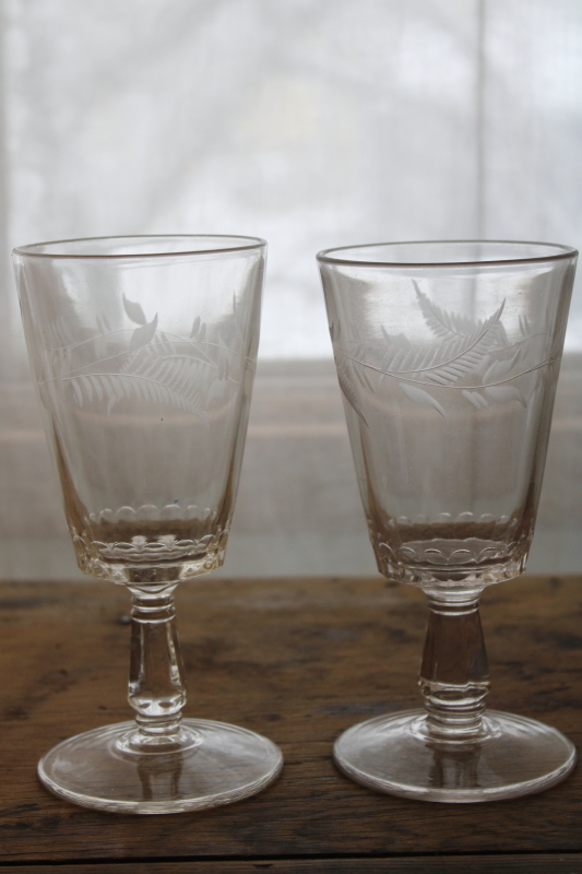 antique etched glass water goblets or wine glasses, Victorian style ferns early 1900s vintage