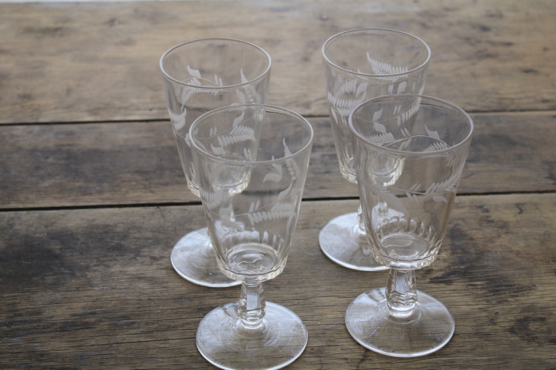 antique etched glass water goblets or wine glasses, Victorian style ferns early 1900s vintage