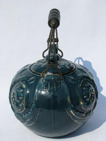 antique faience glaze yellow ware pottery teapot, ocean blue w/ embossed ferns