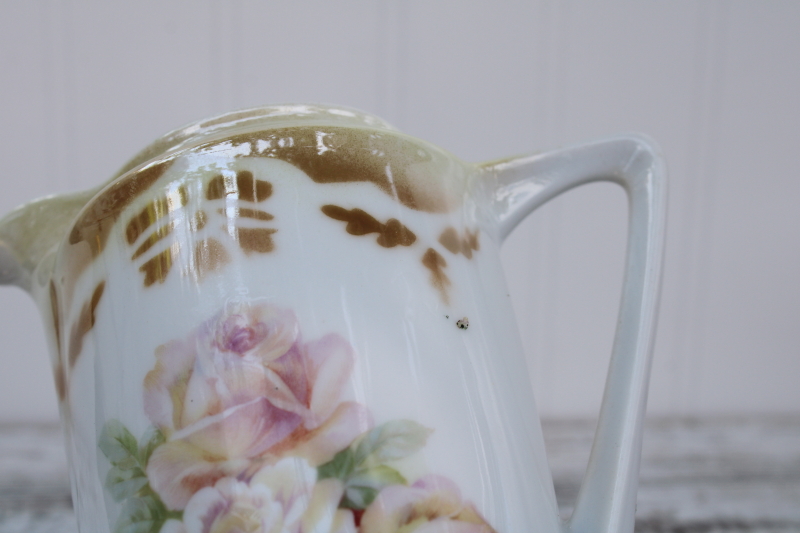 antique floral china cream pitcher w/ cabbage roses luster stencil border, Victorian vintage Germany