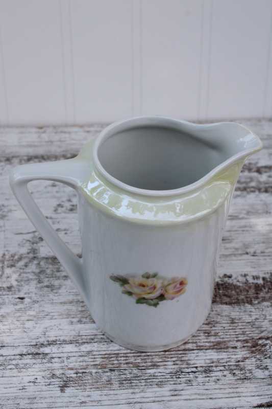 antique floral china cream pitcher w/ cabbage roses luster stencil border, Victorian vintage Germany