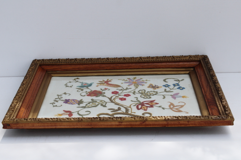 antique floral crewel embroidery on linen in original gold gesso oak picture frame