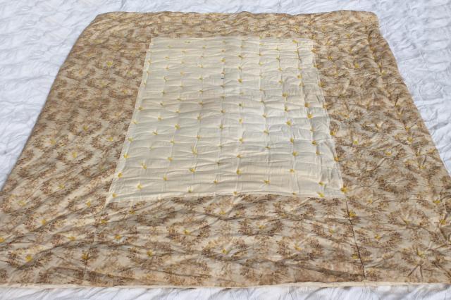 antique floral print cotton fabric comforters, eiderdown style vintage tied quilts